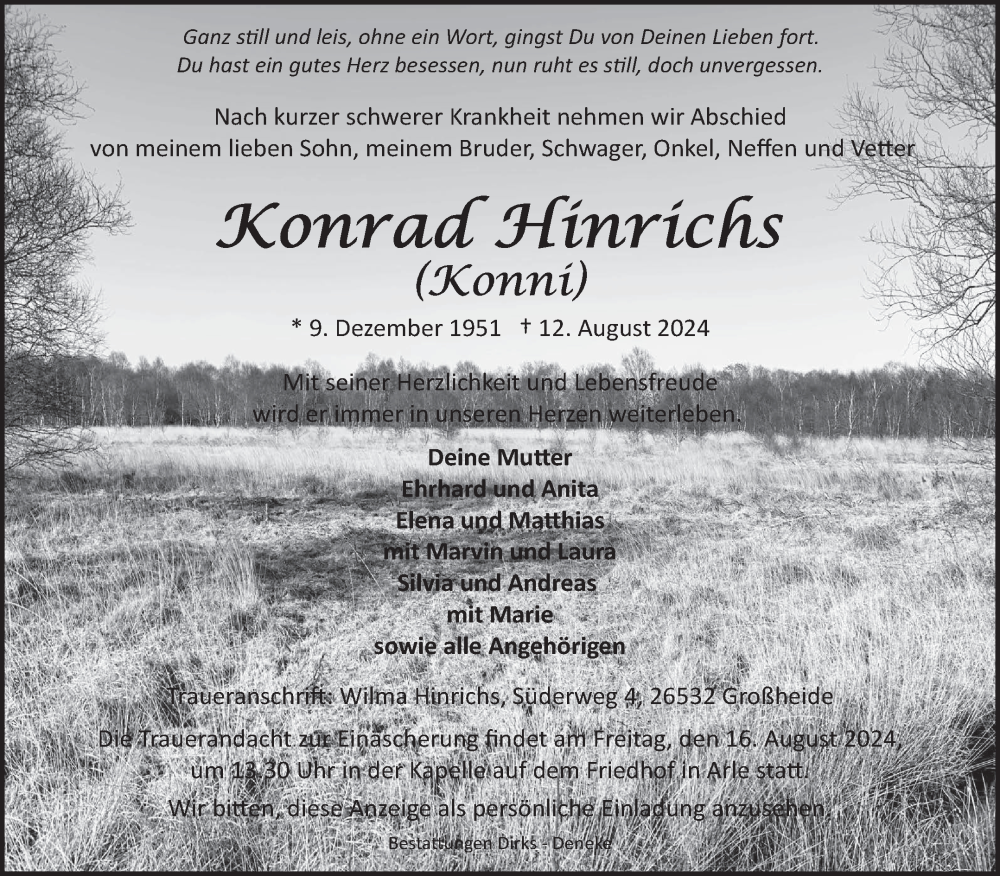 Traueranzeige für Konrad Hinrichs vom 13.08.2024 aus Ostfriesischer Kurier