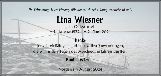 Traueranzeige von Lina Wiesner von Ostfriesischer Kurier