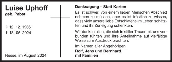 Traueranzeige von Luise Uphoff von Ostfriesischer Kurier