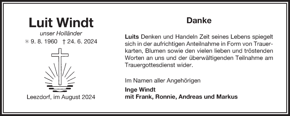  Traueranzeige für Luit Windt vom 03.08.2024 aus Ostfriesischer Kurier