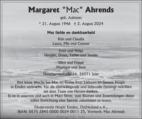 Traueranzeige von Margaret Ahrends von Ostfriesischer Kurier