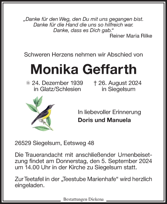 Traueranzeige von Monika Geffarth von Ostfriesischer Kurier