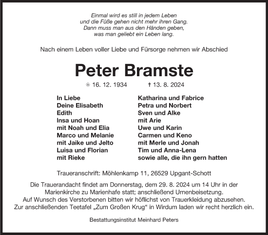 Traueranzeige von Peter Bramste von Ostfriesischer Kurier
