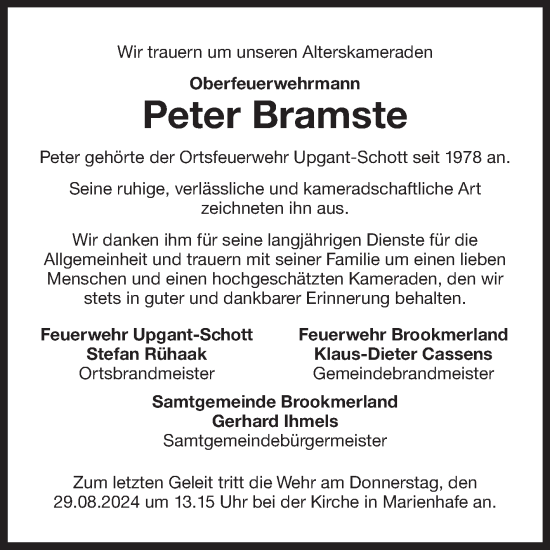 Traueranzeige von Peter Bramste von Ostfriesischer Kurier