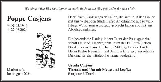 Traueranzeige von Poppe Casjens von Ostfriesischer Kurier