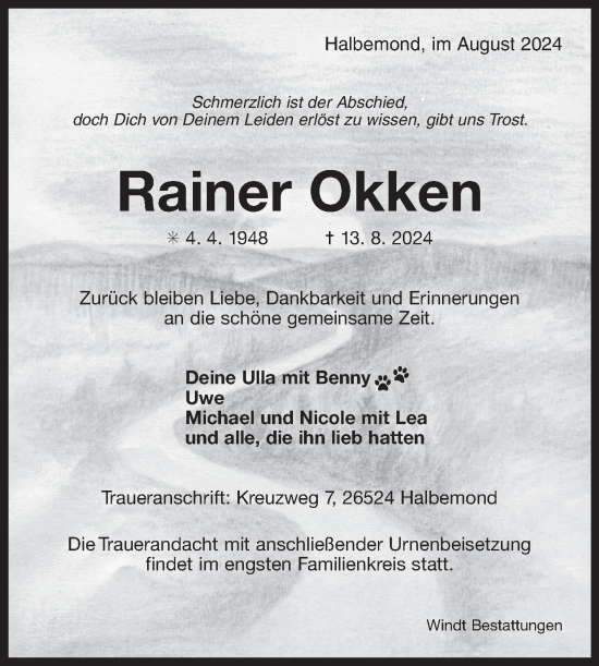 Traueranzeige von Rainer Okken von Ostfriesischer Kurier
