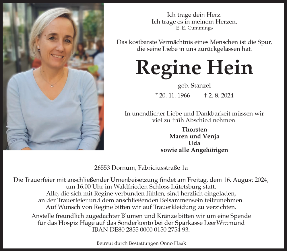  Traueranzeige für Regine Hein vom 08.08.2024 aus Ostfriesischer Kurier