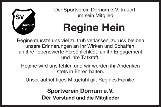 Traueranzeige von Regine Hein von Ostfriesischer Kurier