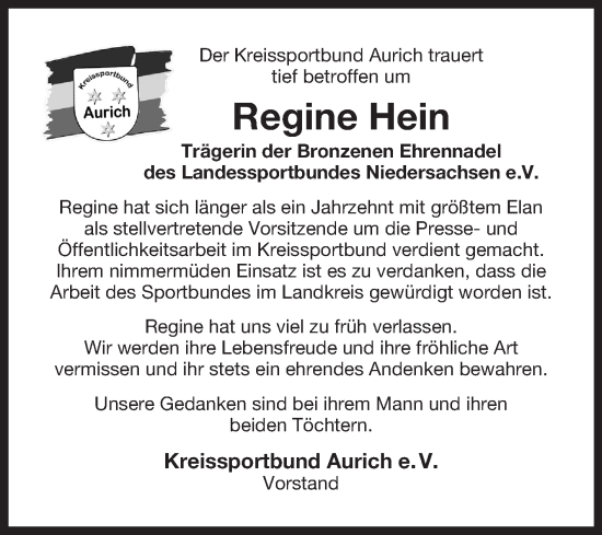 Traueranzeige von Regine Hein von Ostfriesischer Kurier