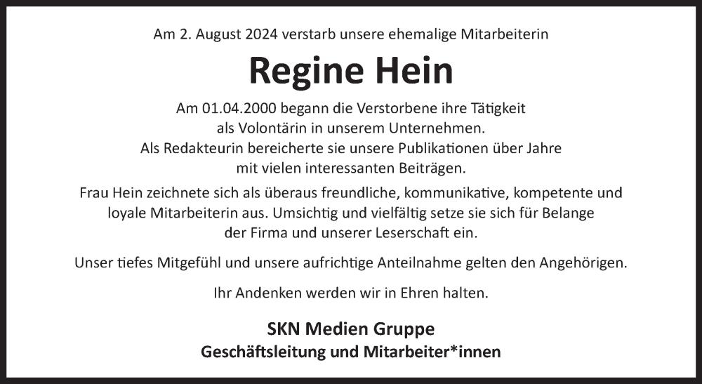  Traueranzeige für Regine Hein vom 09.08.2024 aus Ostfriesischer Kurier