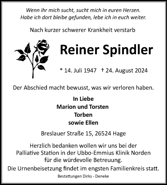 Traueranzeige von Reiner Spindler von Ostfriesischer Kurier
