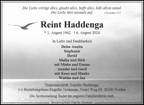 Traueranzeige von Reint Haddenga von Ostfriesischer Kurier