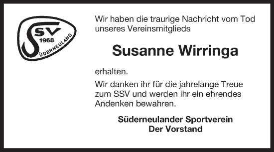Traueranzeige von Susanne Wirringa von Ostfriesischer Kurier