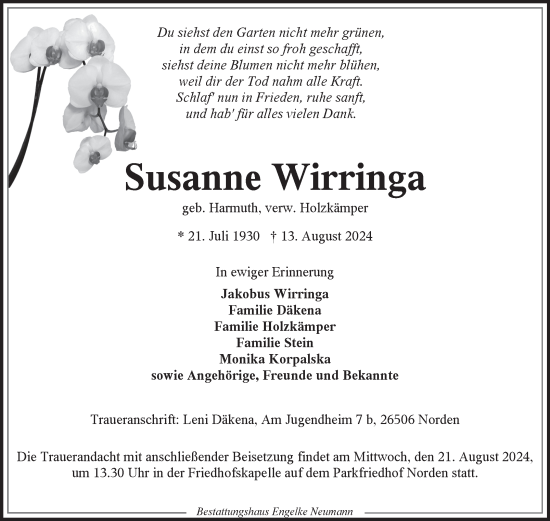 Traueranzeige von Susanne Wirringa von Ostfriesischer Kurier
