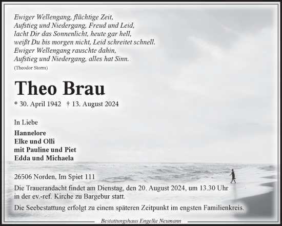 Traueranzeige von Theo Brau von Ostfriesischer Kurier
