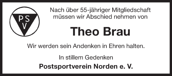 Traueranzeige von Theo Brau von Ostfriesischer Kurier