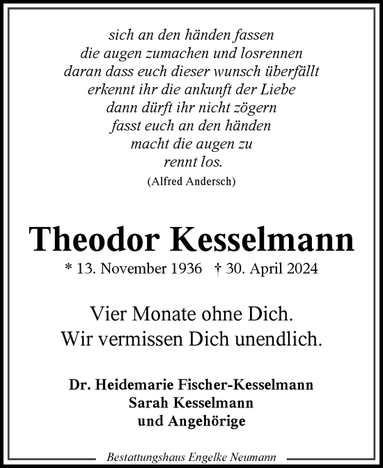 Traueranzeige von Theodor Kesselmann von Ostfriesischer Kurier