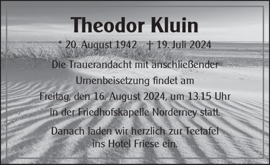 Traueranzeige von Theodor Kluin von Ostfriesischer Kurier
