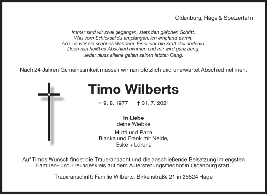 Traueranzeige von Timo Wilberts von Ostfriesischer Kurier