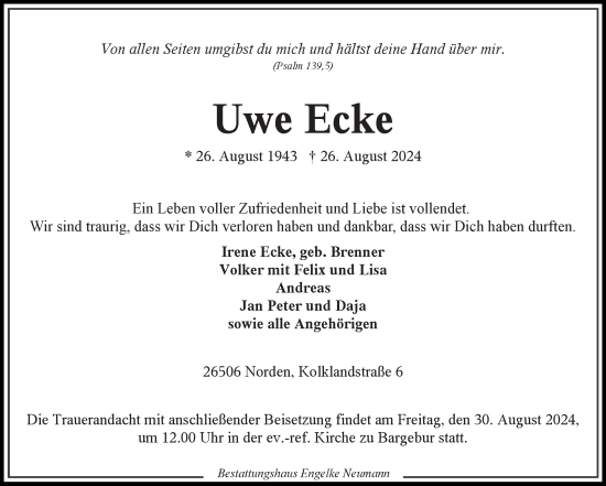 Traueranzeige von Uwe Ecke von Ostfriesischer Kurier