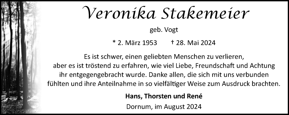  Traueranzeige für Veronika Stakemeier vom 03.08.2024 aus Ostfriesischer Kurier