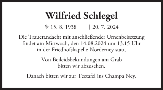 Traueranzeige von Wilfried Schlegel von Ostfriesischer Kurier