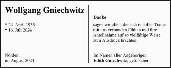 Traueranzeige von Wolfgang Gniechwitz von Ostfriesischer Kurier