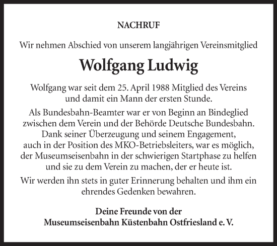 Traueranzeige von Wolfgang Ludwig von Ostfriesischer Kurier