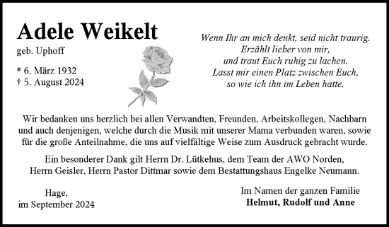 Traueranzeige von Adele Weikelt von Ostfriesischer Kurier