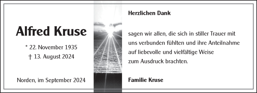  Traueranzeige für Alfred Kruse vom 21.09.2024 aus Ostfriesischer Kurier