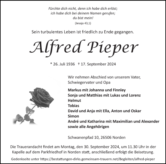 Traueranzeige von Alfred Pieper von Ostfriesischer Kurier