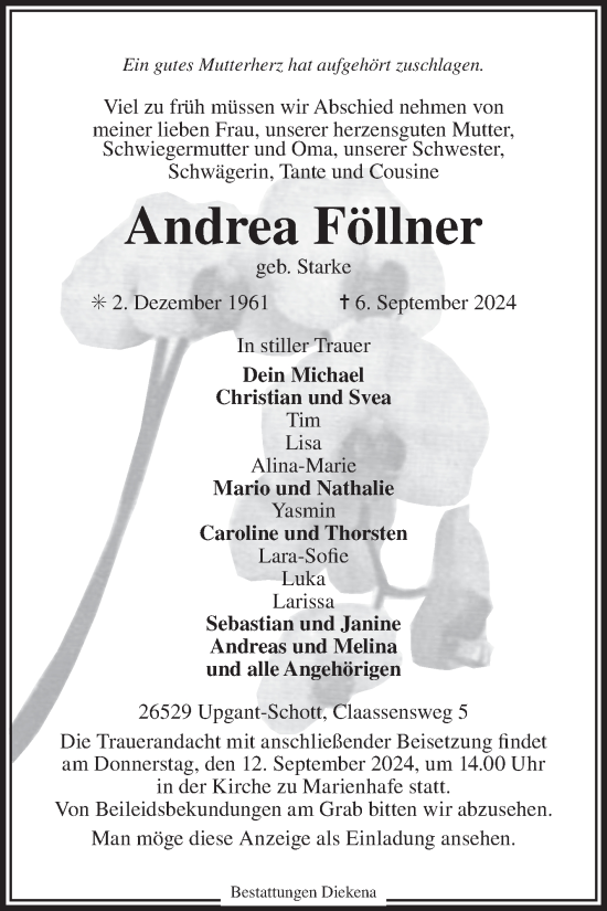 Traueranzeige von Andrea Föllner von Ostfriesischer Kurier