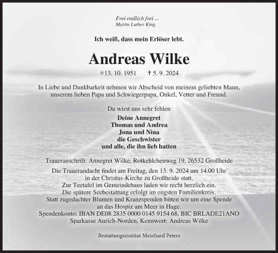 Traueranzeige von Andreas Wilke von Ostfriesischer Kurier