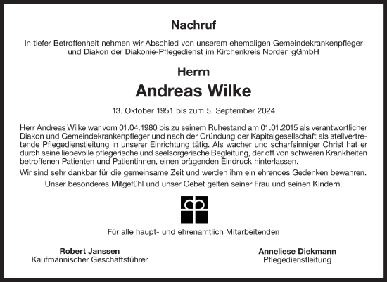 Traueranzeige von Andreas Wilke von Ostfriesischer Kurier