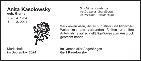 Traueranzeige von Anita Kasolowsky von Ostfriesischer Kurier