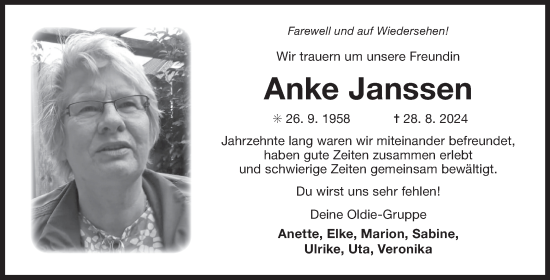 Traueranzeige von Anke Janssen von Ostfriesischer Kurier