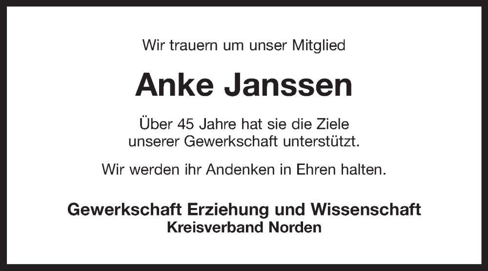  Traueranzeige für Anke Janssen vom 21.09.2024 aus Ostfriesischer Kurier