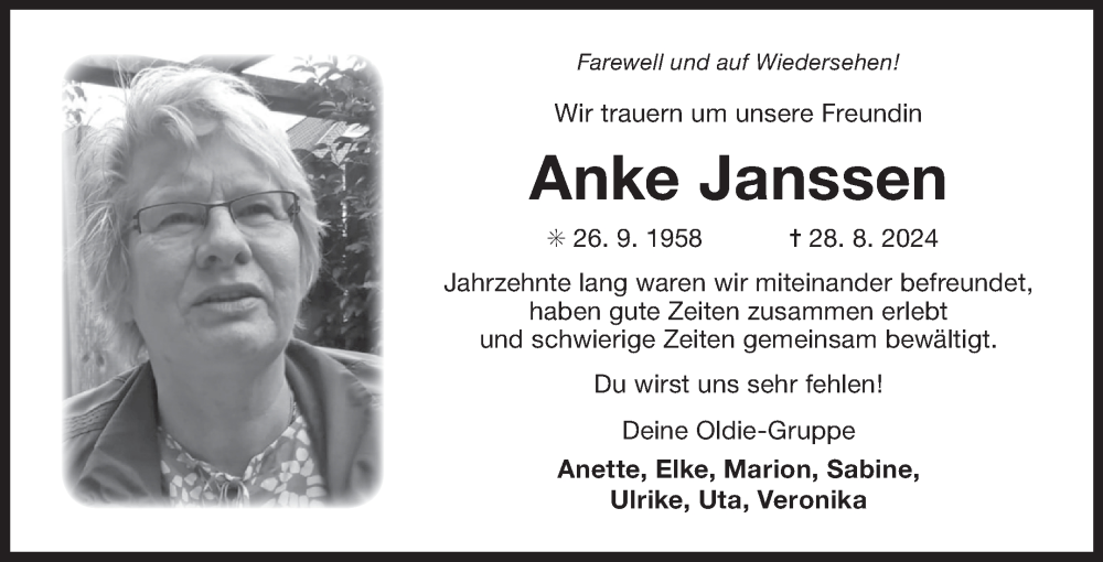  Traueranzeige für Anke Janssen vom 21.09.2024 aus Ostfriesischer Kurier