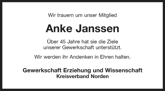 Traueranzeige von Anke Janssen von Ostfriesischer Kurier
