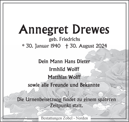 Traueranzeige von Annegret Drewes von Ostfriesischer Kurier