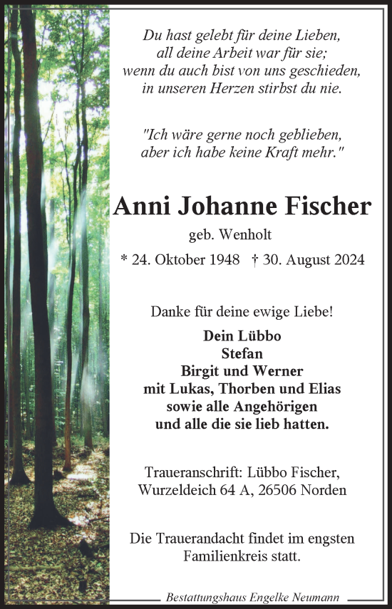 Traueranzeige von Anni Johanne Fischer von Ostfriesischer Kurier