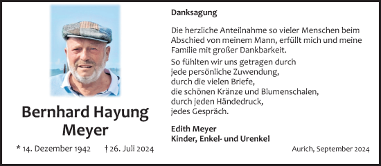Traueranzeige von Bernhard Hayung  Meyer von Ostfriesischer Kurier