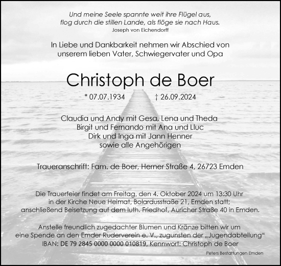 Traueranzeige von Christoph de Boer von Ostfriesischer Kurier