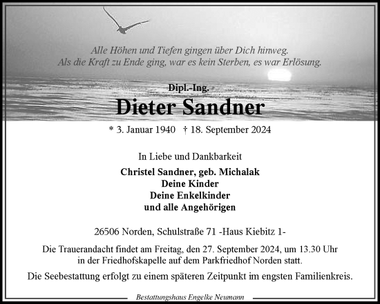 Traueranzeige von Dieter Sandner von Ostfriesischer Kurier