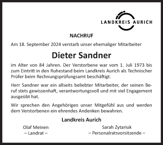 Traueranzeige von Dieter Sandner von Ostfriesischer Kurier