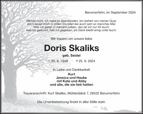 Traueranzeige von Doris Skaliks von Ostfriesischer Kurier