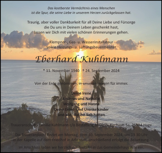 Traueranzeige von Eberhard Kuhlmann von Ostfriesischer Kurier