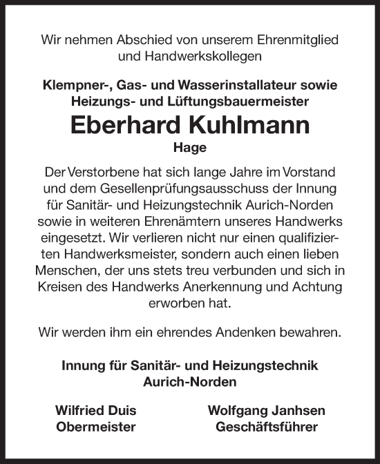 Traueranzeige von Eberhard Kuhlmann von Ostfriesischer Kurier