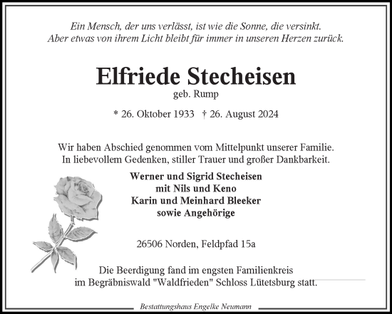 Traueranzeige von Elfriede Stecheisen von Ostfriesischer Kurier