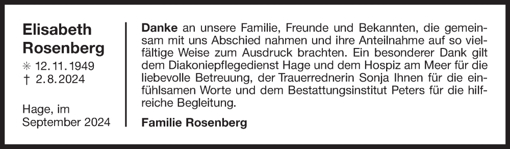  Traueranzeige für Elisabeth Rosenberg vom 14.09.2024 aus Ostfriesischer Kurier